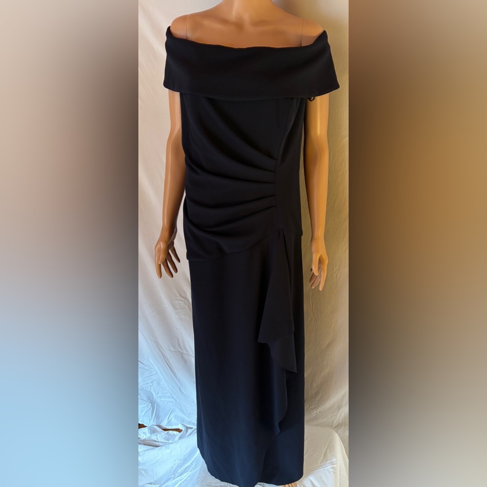XScape long navy dress off-shoulder